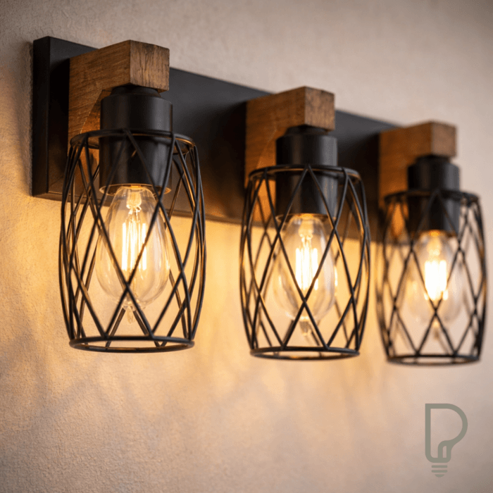 Rustic Wood 3-Light Black Cage Bathroom Vanity Light