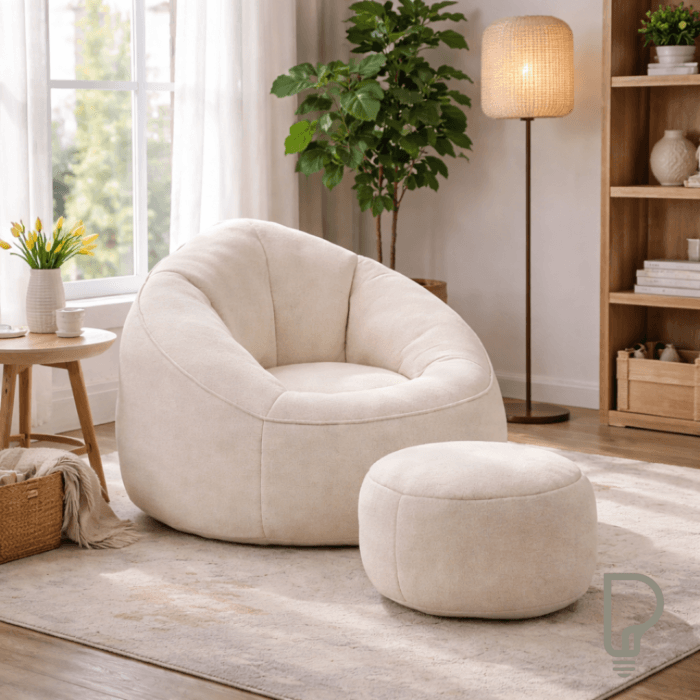 Beige Microfiber Foam Bean Bag Lounge Chair with Footrest