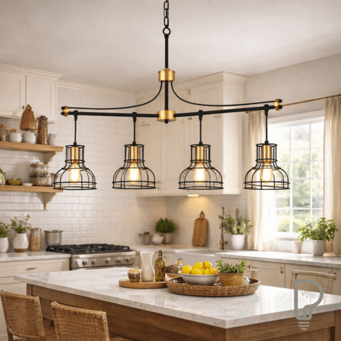 Matte Black & Gold Linear Dining Chandelier – 4 Light