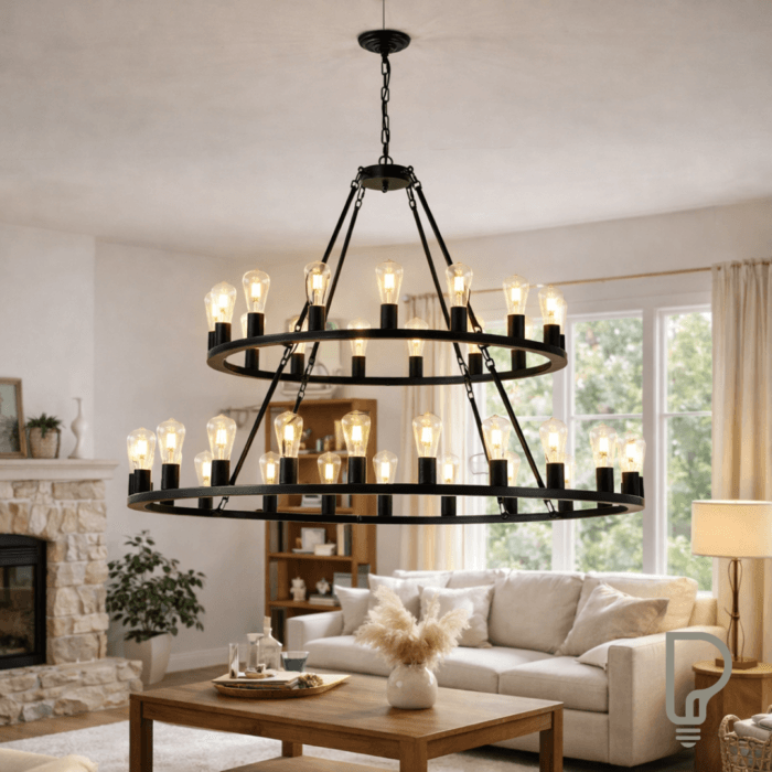 2 Tier 36-Light Wagon Wheel Chandelier for High Ceilings – Black
