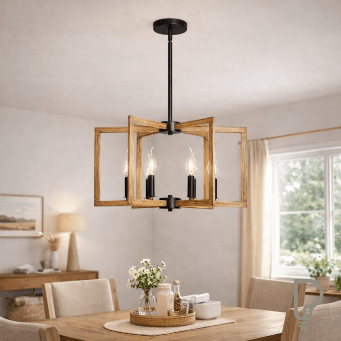 6-Light Rustic Wood Lantern Chandelier with Adjustable Height