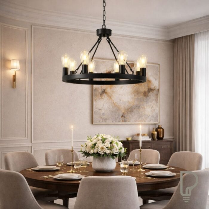 Wagon Wheel Chandelier – 8 Light Black Farmhouse Ceiling Light