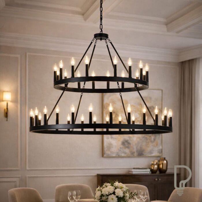 2 Tier Wagon Wheel Chandelier – 36 Light Black Ceiling Light