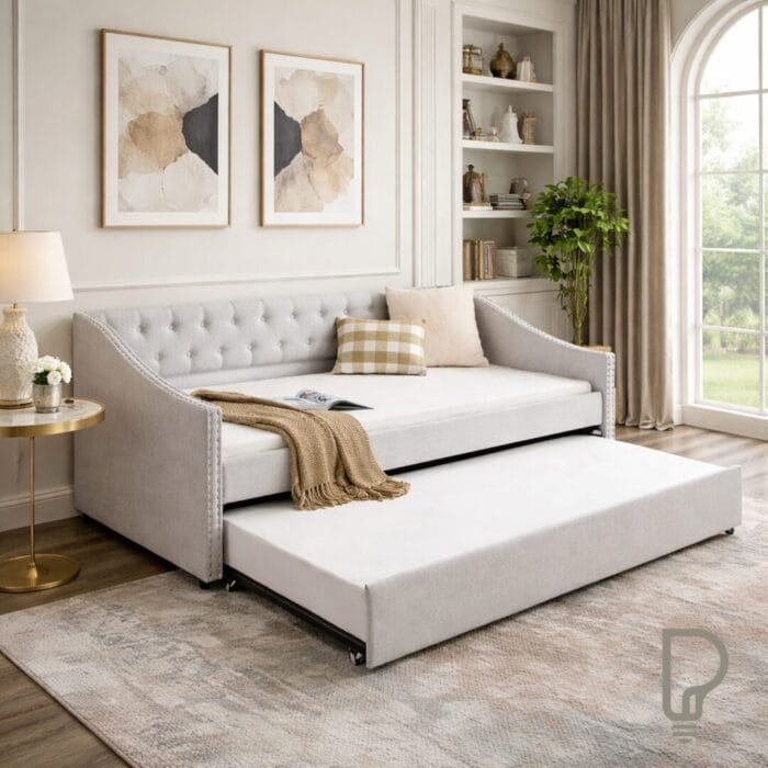Beige Upholstered Daybed Sofa with Trundle – Tufted Twin Sleeper