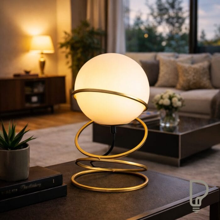 13.5″ Modern Glass Globe Table Lamp with Gold Spiral Base