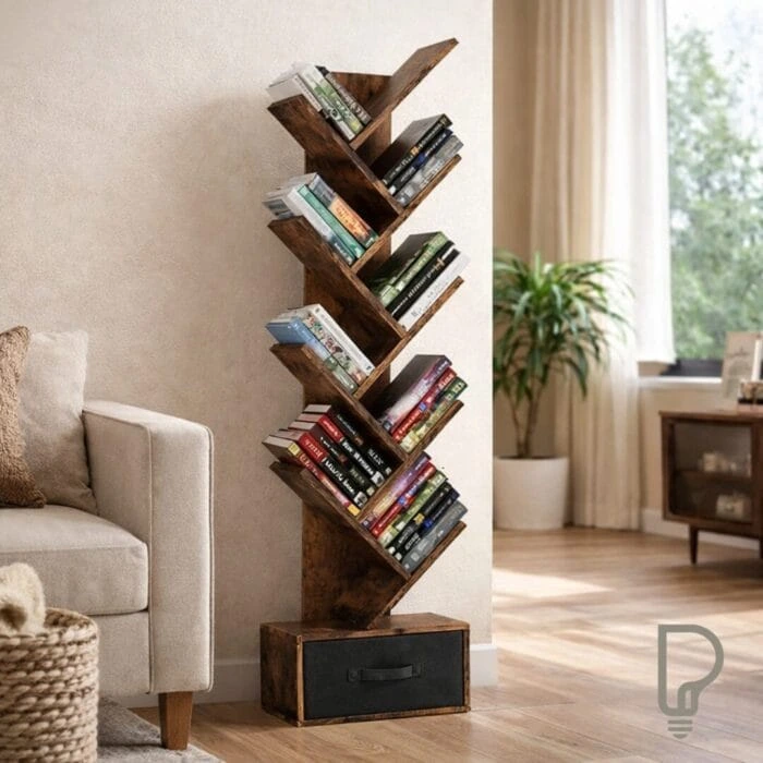 Tree Bookshelf – 9 Tier Rustic Brown Bookcase with Drawer