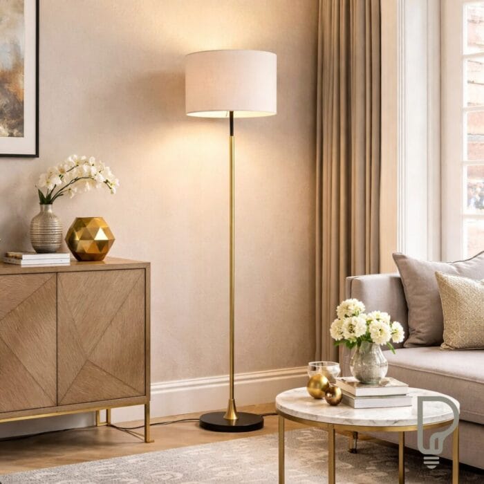 Industrial Floor Lamp – Black Gold Modern Lamp with Beige Shade