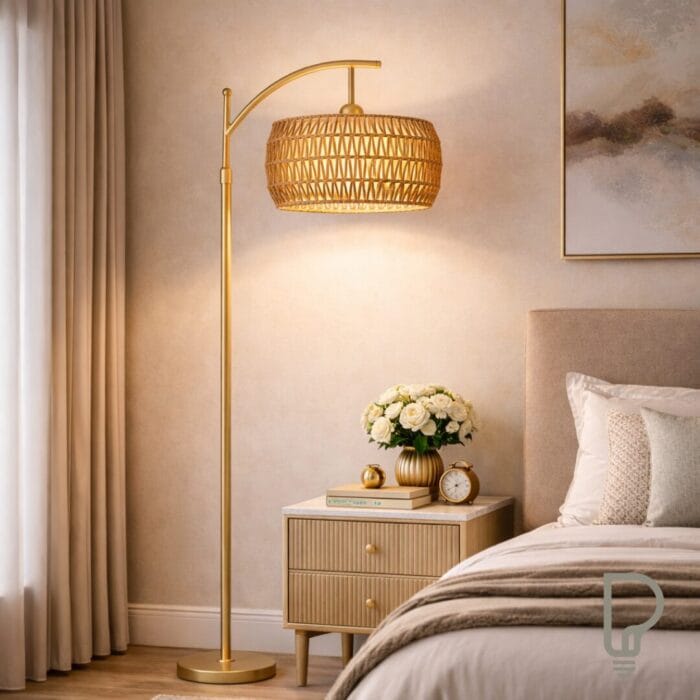 Arc Floor Lamp – Gold Rattan Shade Dimmable Remote Lamp
