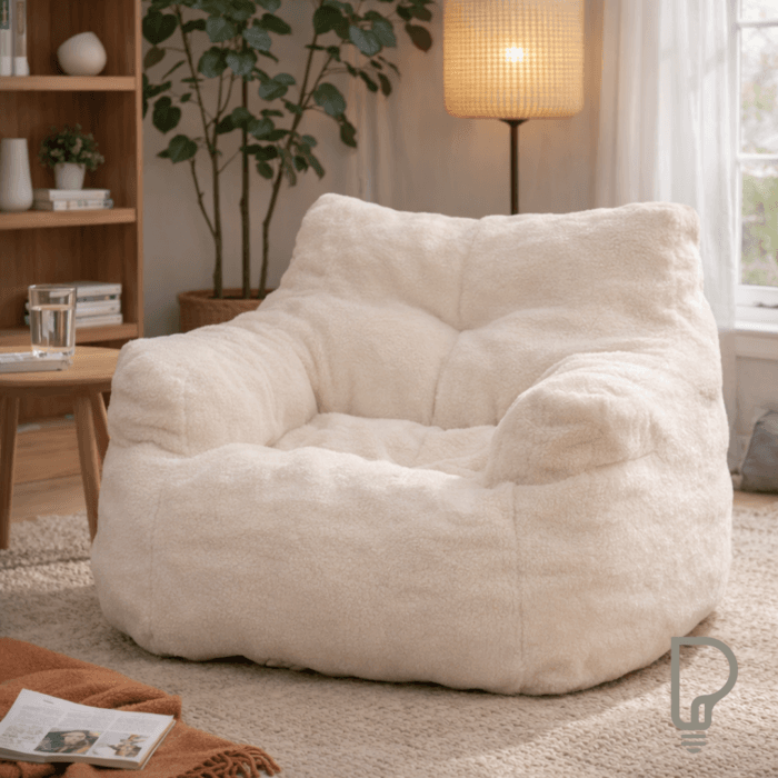 Ivory Teddy Fabric Tufted Bean Bag Lounge Chair