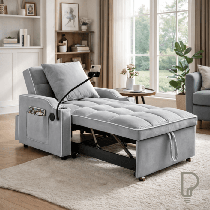 Grey Velvet Convertible Sleeper Chair Bed with USB & Type-C