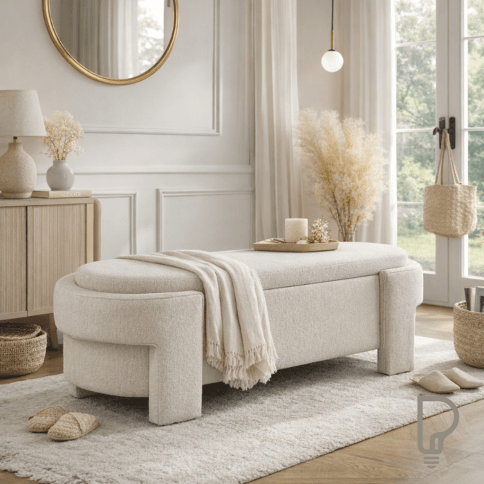 Beige Linen Lift-Top Storage Bench – End-of-Bed Ottoman