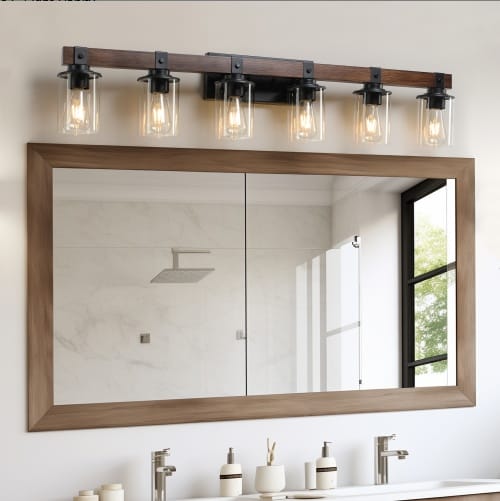 42” Rustic 6-Light Farmhouse Vanity Light with Wood & Glass
