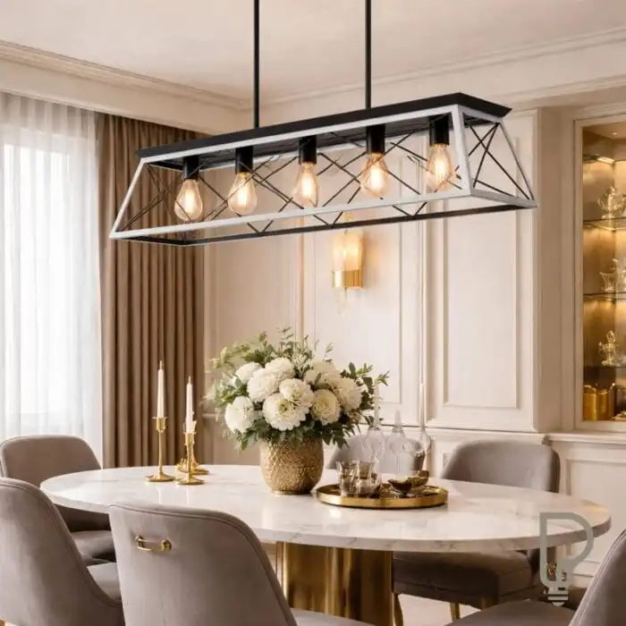 Rustic Farmhouse Chandelier – 5 Light Black White Dining Fixture