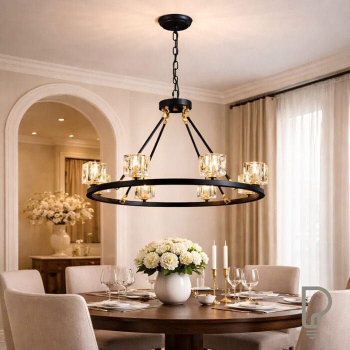 Black Wagon Wheel Chandelier 8 Light Farmhouse Crystal