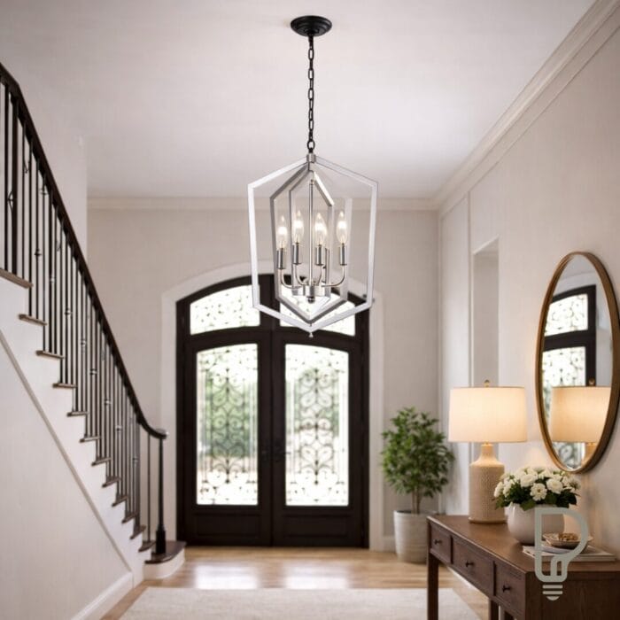 4-Light Farmhouse Chandeliers, Matte Black And Sliver Matte Black Vintage Cage Light Fixture ,Adjustable Height Chandeliers For Dining Room, Bedroom, Living Room, Confere E12 Bulbs Not Included