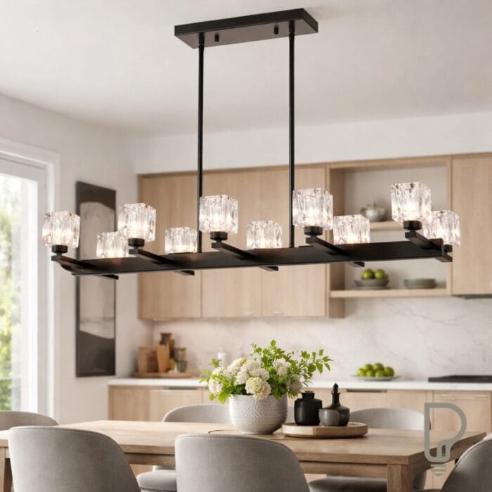 Chandelier For Dining Room, 10-Light Black Farmhouse Linear Pendant Light Fixture, Modern Crystal Hanging Lighting Chandelier For Kitchen Island, Bar, Long Table, G9 Bulb