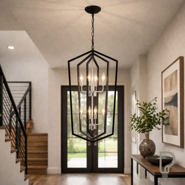8-Light Farmhouse Kitchen Chandeliers, Matte Black And Sliver Vintage Rustic Cage Light Fixture Adjustable Height Chandeliers For Dining Room Hallway Foyer Entryway E12 Bulbs Not Included