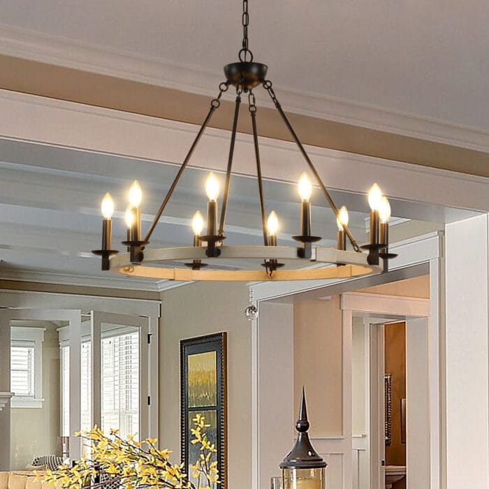 32  Rustic Farmhouse 10-Light Candle Chandelier, Black Metal And Wood Round Hanging Light Fixture For Dining Room, Kitchen, Living Room, Adjustable Height, E12 Bulb Base  No Bulbs
