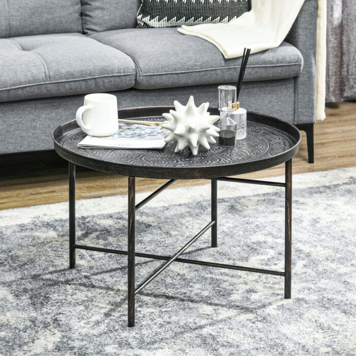 Coffee Table for Living Room, 24" Round Center Table with Hammered Tray Top and Metal Frame for Bedroom, Pewter