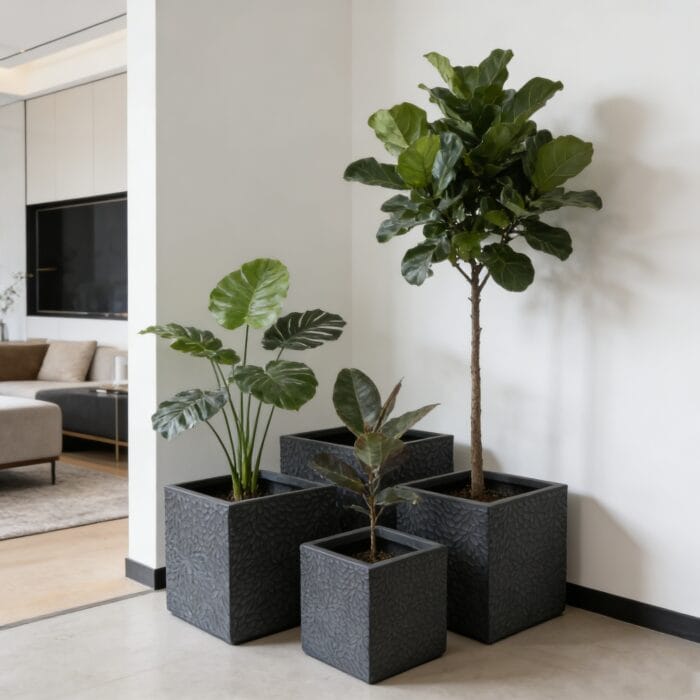 Large Outdoor Indoor Planter, 16.9-14.37-11.6 -9.25  Dia Square Magnesium Oxide Planter Set Of 4, Flower Pots With Drainage Holes,  Modern Design, Grey Color Planter For Home Garden Patio