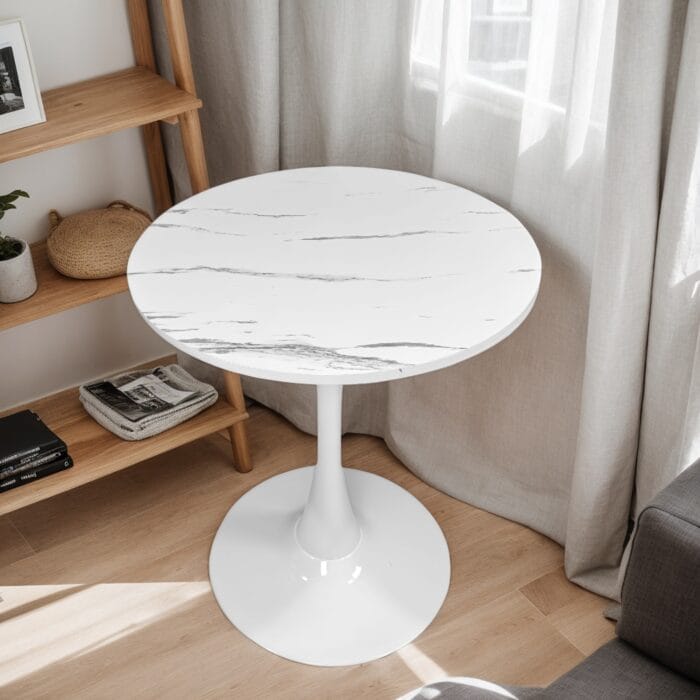 Marble Texture Round Table, Dining Table, Modern Dining Table, Kitchen Table, MDF Top And Steel Base Tulip Round Kitchen Table, Mid Century Coffee Table For Living Room 24 Inch