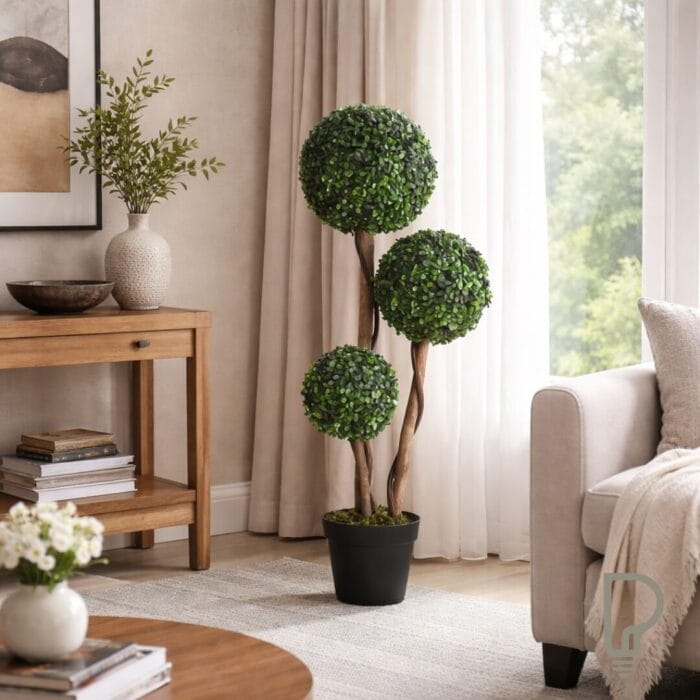 Artificial Plant for Home Decor Indoor & Outdoor Fake Plants Artificial Tree in Pot, 3 Ball Boxwood Topiary Tree for Home Office, Living Room Decor, Dark Green