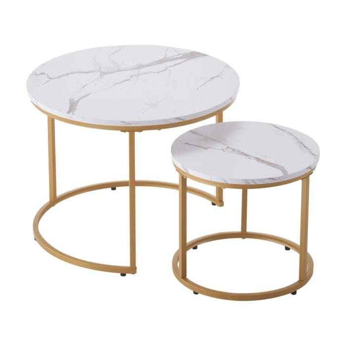 Nesting Coffee Table Set Of 2, 23.6 In Round Coffee Table, Nesting Tables For Small Place, Vintage End Side Tables Night Stand With Metal Frame, For Living Room, Bedroom, Office (White & Gold)
